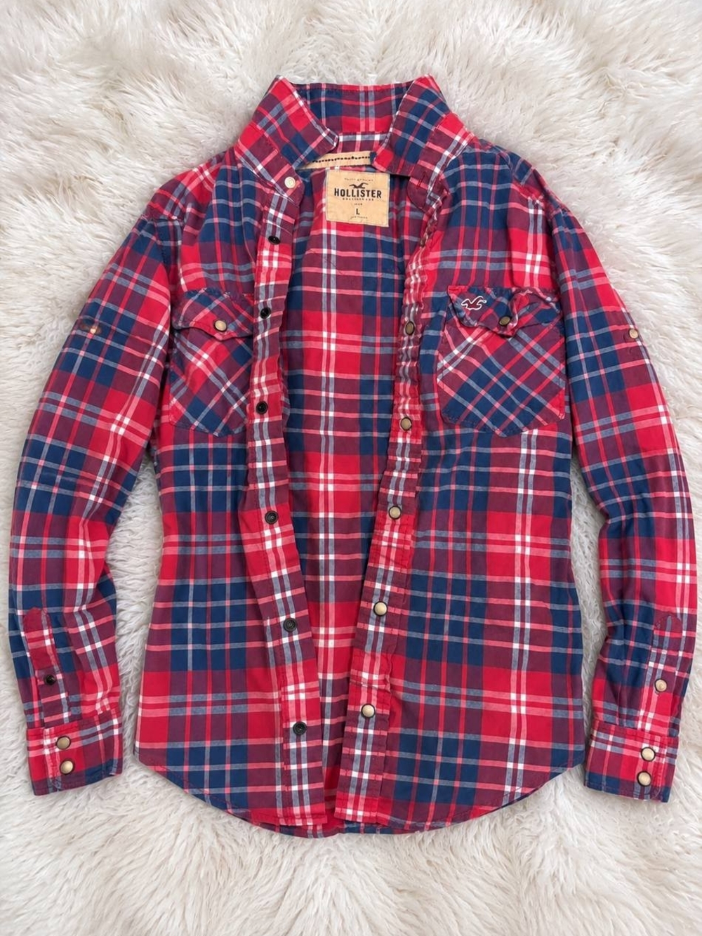 Hollister Men's Red & Navy Plaid Button-Down Shirt - Size Large